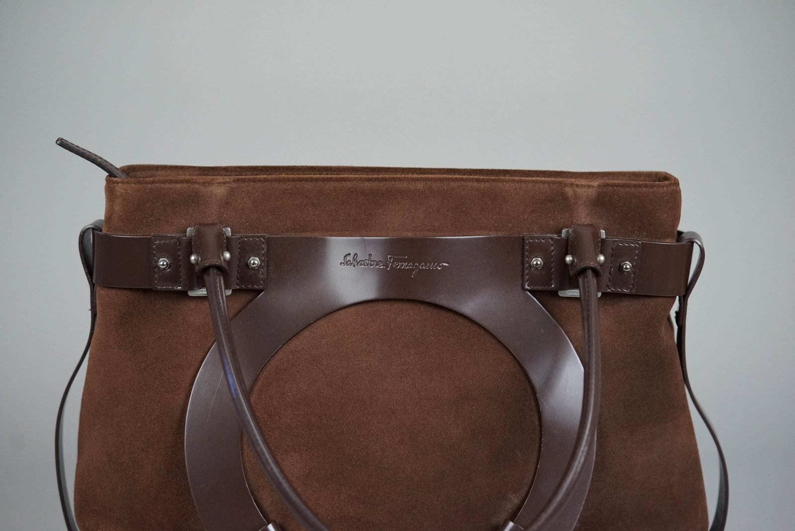 SALVATORE FERRAGAMO GANCINI TOTE BAG SUEDE BROWN - 4