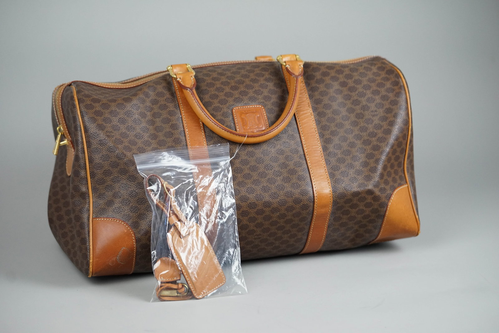 CELINE MACADAM BOSTON BAG BROWN NAME TAG CADENA KEYS - 2