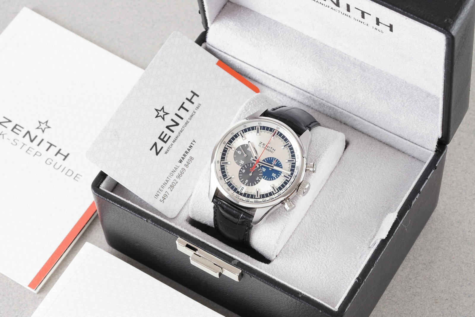ZENITH EL PRIMERO CHRONOMASTER HERITAGE W/ GUARANTEE CARD REF. 03.2150.4069/51.C805 CIRCA 2017: ZENITH EL PRIMERO CHRONOMASTER HERITAGE W/ GUARANTEE CARD REF. 03.2150.4069/51.C805 CIRCA 2017, this watch is a ref. 03.2150.4069/51.C805 and is fitted with a circular blue sunburst twin register