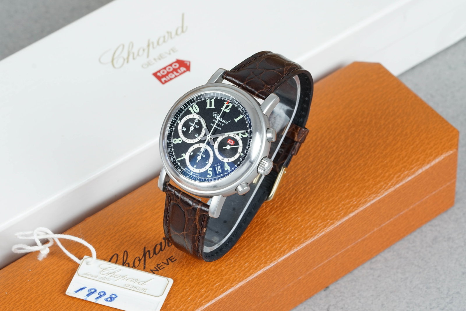 CHOPARD MILLE MIGLIA CHRONOGRAPH W/ BOX REF. 8388: CHOPARD MILLE MIGLIA CHRONOGRAPH W/ BOX REF. 8388 DIAL: Black dial, chronograph sub dials, applied indices, date window CASE: 38mm stainless steel, screw-down case back, tachymeter scale MOVEMENT: