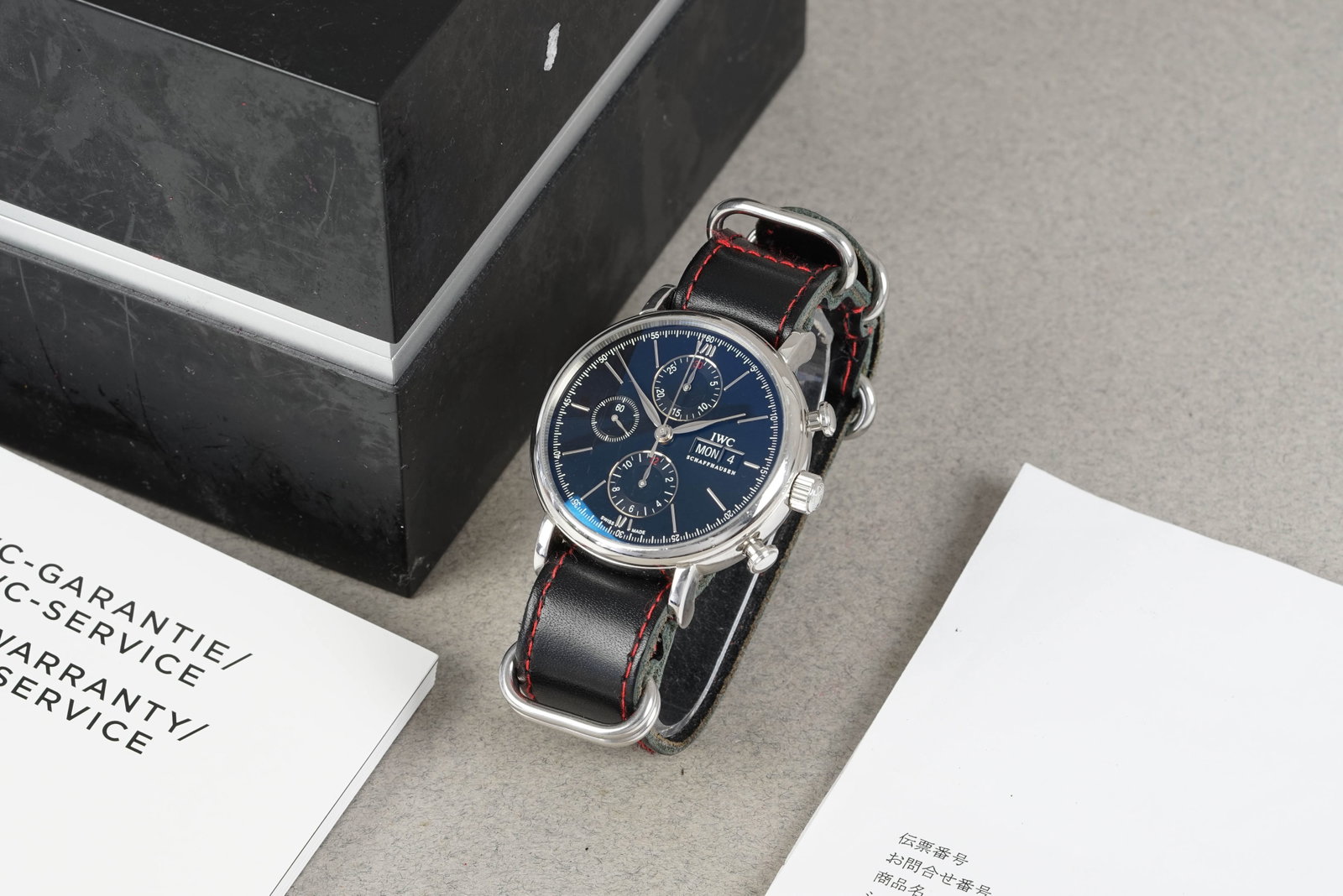 IWC SCHAFFHAUSEN PORTOFINO AUTOMATIC CHRONOGRAPH W/ BOX REF. IW391007: IWC SCHAFFHAUSEN PORTOFINO AUTOMATIC CHRONOGRAPH W/ BOX REF. IW391007 DIAL: Circular black triple register dial, silver applied hour markers, day date window CASE: 42mm stainless steel, twin pushers,