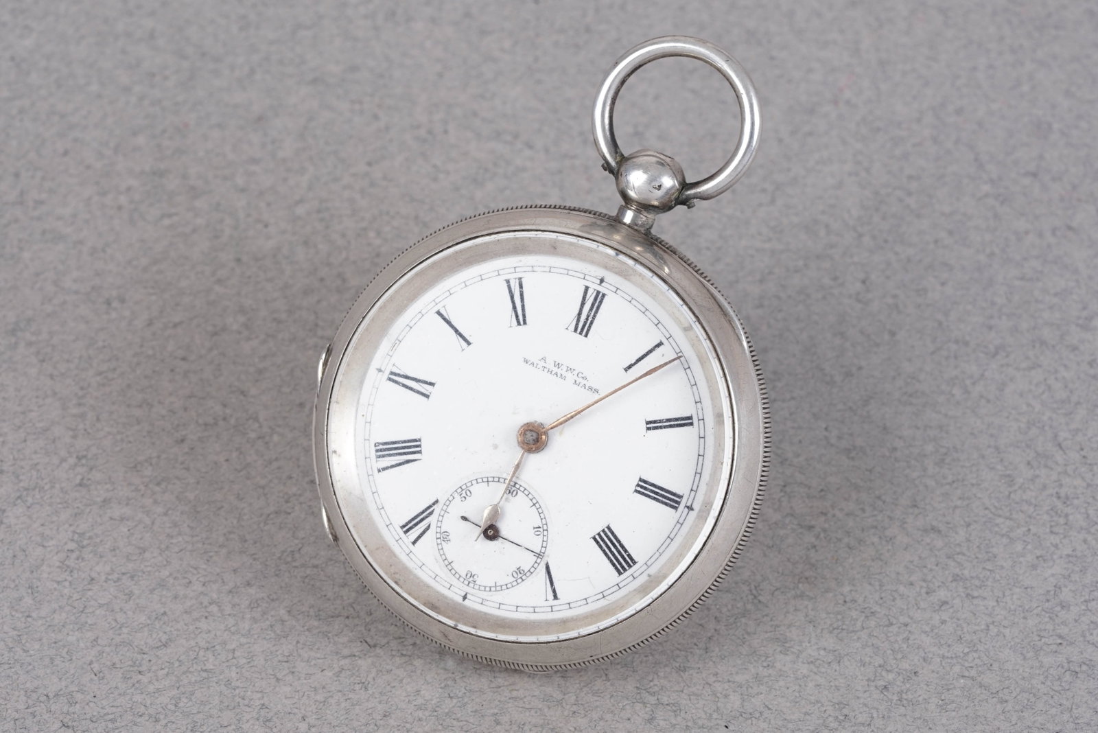 *TO BE SOLD WITHOUT RESERVE* AWW CO AMERICAN WALTHAM CO 925 STERLING SILVER POCKET WATCH CIRCA 1897: *TO BE SOLD WITHOUT RESERVE* AWW CO AMERICAN WALTHAM CO 925 STERLING SILVER POCKET WATCH CIRCA 1897, white enamel dial, 55mm open faced case, key wind movement currently not running. Gross weight