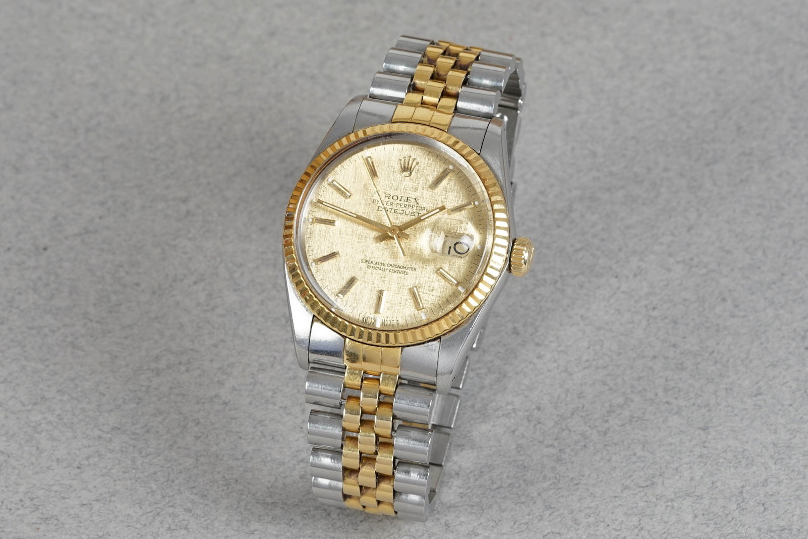 ROLEX OYSTER PERPETUAL DATEJUST STEEL & GOLD 'LINEN' DIAL REF. 16013 CIRCA 1986 - 2