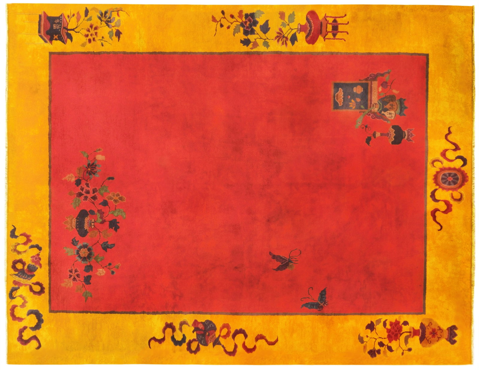 Vintage Chinese Art Deco Rug 9'8" H x 8'0" W: Vintage Chinese Art Deco Rug, Room size, circa 1920A one-of-a-kind vintage Chinese Art Deco rug, hand-knotted with medium thickness wool pile. This beautiful rug features floral elements in an art