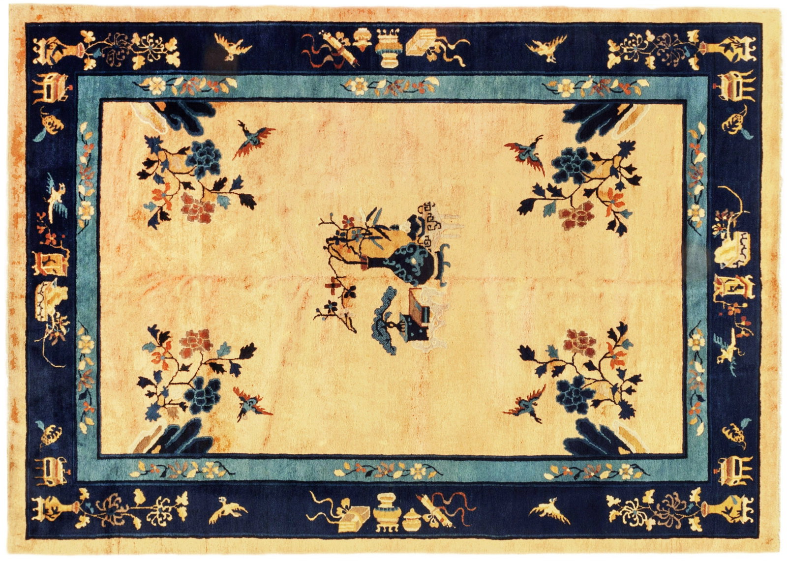 Antique Chinese Rug 8'8" H x 6'0" W: Antique Chinese Rug, Room size, circa 1900A one-of-a-kind antique Chinese Mandarin oriental carpet, hand-knotted with medium thickness wool pile. This beautiful rug features a central medallion on a