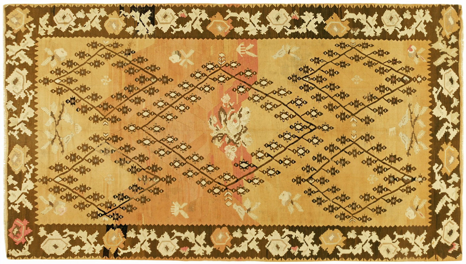Vintage Turkish Kilim Rug 12'5" H x 7'4" W: Vintage Kilim Oriental Rug, Gallery size 12'5 x 7'4A vintage Kilim oriental rug in oversize, size 12'5 x 7'4, circa 1940. This handsome hand-made flat-woven carpet has no upward pile, and features a