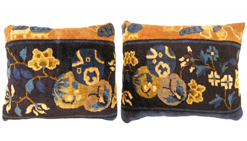 Pair of Antique Chinese Pillows 2'0" H x 1'4" W: Pair of Antique Chinese Rug Pillows, One SidedSize of Pillow 1398 is 20"H x 17"W (1'8"H x 1'5"W), and of Pillow 1399 is 24'H x 16'W (2' 0"H x 1' 4"W)A pair of antique decorative pillows with the antiq