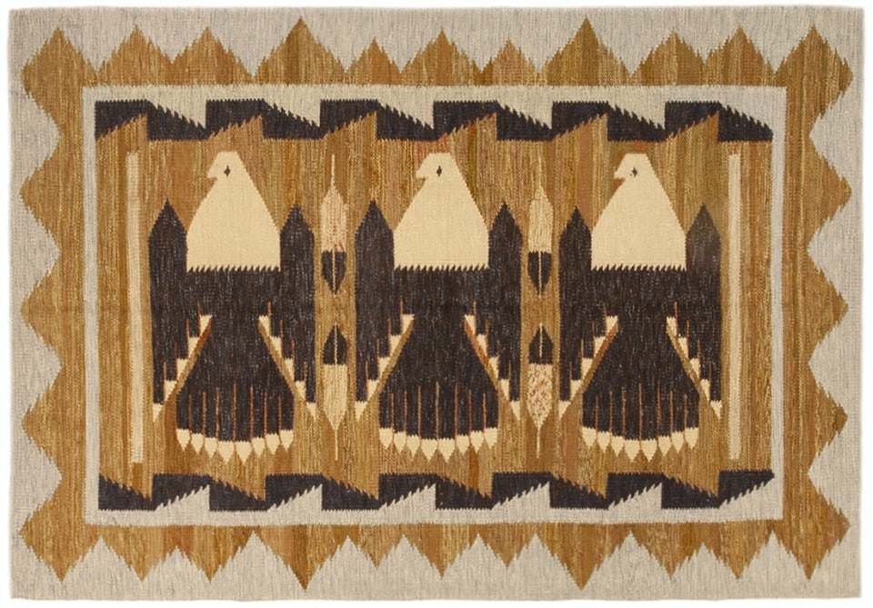 New Flat Weave 7'0" H x 5'0" W: New Pakistan Flat Weave, with Eagle DesignA one-of-a-kind modern Pakistan Flat weave with a thick and lustrous wool pile with soft touch and great resistance to wear. This flat weave features three ea