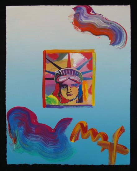 Peter Max Original Signed Painting Statue of Liberty: In this mixed media work, visionary artist Peter Max has made a vibrant tribute to that famous symbol of Liberty. The statue's head is portrayed here in technicolor hues. There are colorful decora