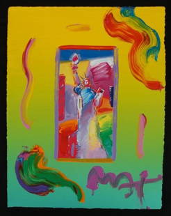 Peter Max Original Signed Statue of Liberty Painting: In this mixed media work, visionary artist Peter Max has made a colorful tribute to that famous symbol of Liberty. The statue is portrayed here in a blaze of vibrant hues. There are decorative rai