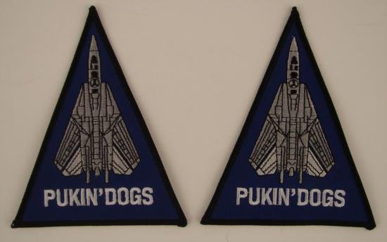 2 Piece Lot U.S. Navy PATCHES Pukin Dogs 1980s 1990s: This is a lot of 2 U.S. Navy Pukin' Dogs Patches from the 1980's and 1990's. These identical patches are triangular in shape and feature a jet illustration. The patches are partially embroidered and m