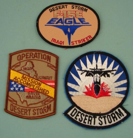 3 Pc Lot USAF PATCHES Operation Desert Storm Military: Shown here is a lot, which consists of 3 assorted Operation Desert Storm USAF Patches. The patches come in a variety of shapes, sizes and colors. Included in this lot: F-15E Eagle Desert Storm Iraqi S