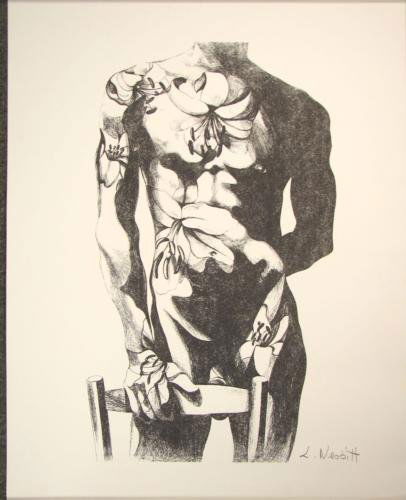 Lowell Nesbitt Rare Male Nude Signed Art Print: This provocative signed limited edition art print is by Lowell Nesbitt (United States, 1933 - 1993). Generally better known for larger-than-life paintings of flowers — "I've been trying to treat