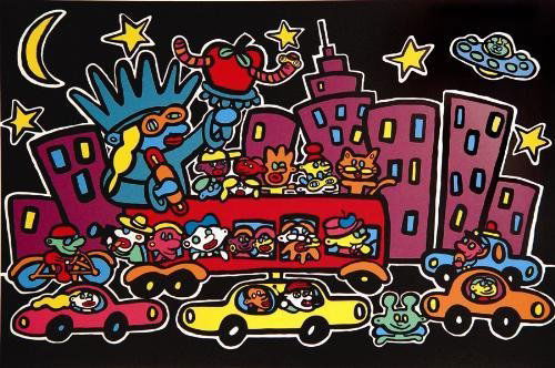 NEW YORK AT NIGHT Hot Pop Art MARCO Print on Canvas: Offered here is a dynamic Pop art print on canvas by Pop art sensation MARCO: Title: "New York at Night " 1999 Serigraph on canvas 24 × 36 Signed and numbered from the Roman Numeral edition of