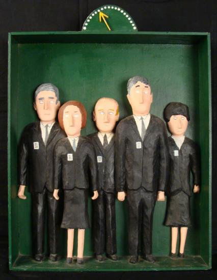 Ira Weissman 3 D Pop Art Sculpture Relief Elevator: This is an original hand carved sculptural relief by artist Ira Weissman. It is a group of business people in an elevator. With their name tags they all look the same, and their white eyes without eye