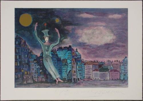 Limited Edition Marcel Marceau BIP AT NIGHT Art Print: Born in the imagination of my childhood, Marcel Marceau writes, "Bip is a romantic and burlesque hero of our time. His look is turned not only towards heaven, but into the hearts of men." Here the ext