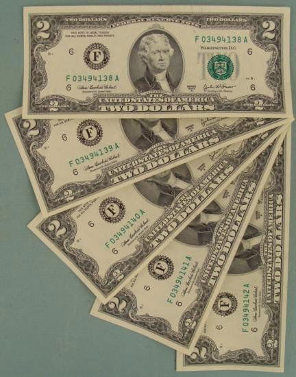 5 Consecutive # 2003 A $2 Bills Notes F Mint Atlanta CU: (5) 2003-A $2 bills, with consecutive serial numbers Mint mark: F (Atlanta)Grade: Crisp UncirculatedSerial number might be different from that shown