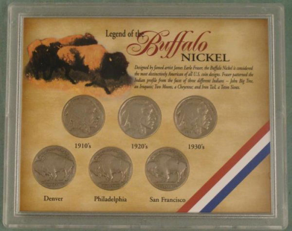 Legend of the Buffalo Nickel Set- 1910s 1920s 1930s: Designed by famed artist James Earl Fraser, the Buffalo Nickel is considered the most distinctively American of al U.S. coin designs. Fraser patterned the Indian profile from the faces of three