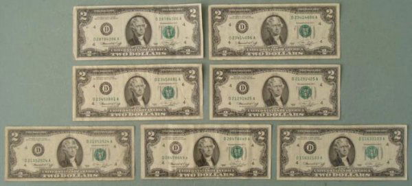 7 Circ 1976 $2 Notes Bills D Mint Mark Cleveland -Nice: 7 circulated 1976 $2 Two Dollar Notes Mint mark: D (Cleveland) Details: Nice bills- no holes, tears, or rips