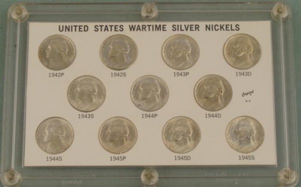 US Wartime Silver Nickels Set 1942 P-1945 S RAW BU: Set of US Wartime Silver Nickels Set: 1942-P- 1945-S RAW Brilliant Uncirculated Presentation: In case with dates