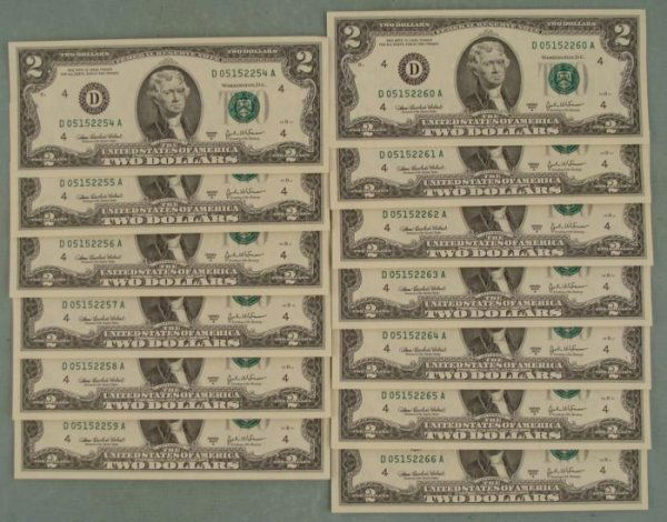 13 Sequential # 2003 A $2 Bills D Mint Cleveland CU: (13) 2003-A $2 Notes, all with Sequential serial numbers Mint mark: D (Cleveland) Condition: Crisp Uncirculated
