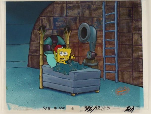 Whose There Animation Orig Spongebob Background and Cel: This original hand-painted background and animation cel is from the Nickelodeon TV show SpongeBob Squarepants. The story takes place under the deep blue sea in Bikini Bo