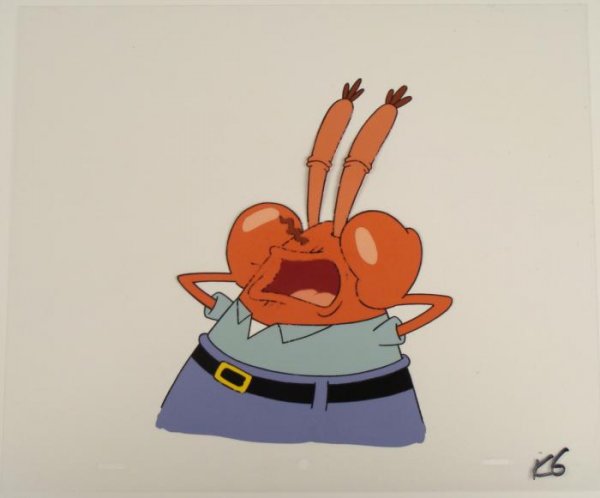 Game Over Mr Krabs Original Animation Cel Art SpongeBob: This original animation cel is from the Nickelodeon TV show SpongeBob Squarepants. The story takes place under the deep blue sea in Bikini Bottom, where SpongeBob resides. Sp