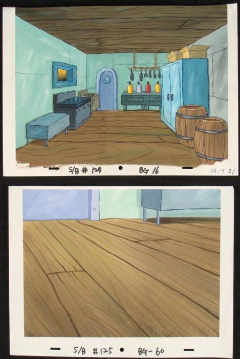 2 SpongeBob Orig Animation Backgrounds Kitchen Krusty: These are 2 original hand-painted backgrounds from the Nickelodeon television show SpongeBob Squarepants. The story takes place under the deep blue sea in Bikini Bottom, wher