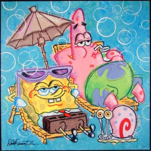 SpongeBob Patrick Duerrstein Signed LE Print on Canvas: This signed limited edition giclé on canvas print by Dick Duerrstein shows us SpongeBob SquarePants and his buddy Patrick enjoying a break under the beach! Title: "Bikini Bottom Break"" 2005 Gicl