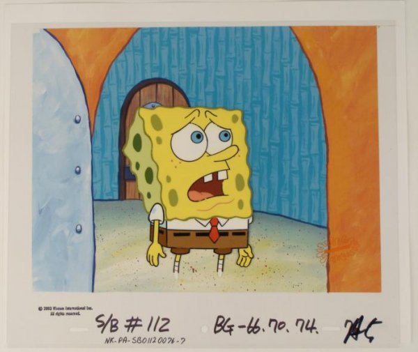 SpongeBob Closeup Orig Animation Art Cel + Background: This original animation cel and printed background are from the Nickelodeon TV show SpongeBob Squarepants. The story takes place under the deep blue sea in Bikini Bottom, where Sp