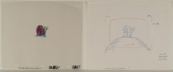 Original Drawing and Art SpongeBob Cel Animation GARY: This original animation cel and drawing is from the Nickelodeon TV show SpongeBob Squarepants. The story takes place under the deep blue sea in Bikini Bottom, where SpongeBob