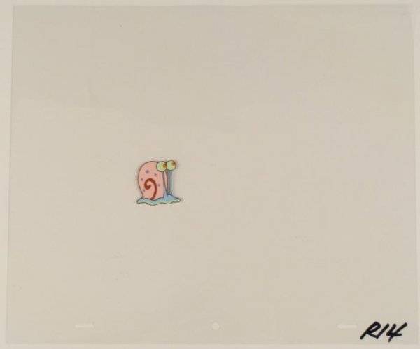 Gary the Snail Animation Original Art SpongeBob Cel: This original animation cel is from the Nickelodeon TV show SpongeBob Squarepants. The story takes place under the deep blue sea in Bikini Bottom, where SpongeBob resides. Sp