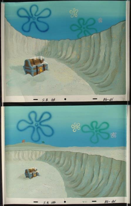2) Treasure Chests SpongeBob Production Orig Background: This original hand-painted background from the Nickelodeon TV show SpongeBob Squarepants. The story takes place under the deep blue sea in Bikini Bottom, where SpongeBob resi