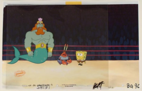 SpongeBob Wrestling King Neptune Original Animation Cel: This original animation cel is from the Nickelodeon TV show SpongeBob Squarepants. The story takes place under the deep blue sea in Bikini Bottom, where SpongeBob resides. Sp
