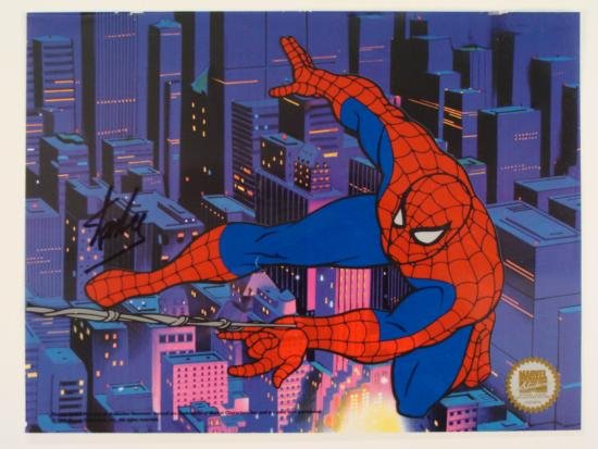 Spider-Man Deluxe Stan Lee Signed Sericel Spiderman: This Spider-Man sericel was hand-signed in black marker by the legendary Stan Lee. There is a Certificate of Authenticity from Choice Collectibles ASG, Inc, and also a photograph of Stan himself doing