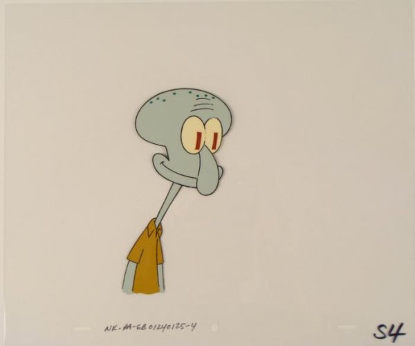 Smiling Squidward Original Animation SpongeBob Art Cel: This original animation cel is from the Nickelodeon TV show SpongeBob Squarepants. The story takes place under the deep blue sea in Bikini Bottom, where SpongeBob resides. Sp