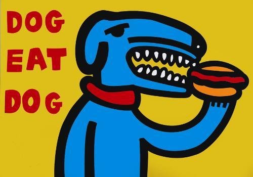 Witty and Wild DOG EAT DOG YELLOW MARCO Pop Art Print: WOW! Here's DOG EAT DOG (YELLOW), a Pop art print on paper by well-known artist MARCO: 2000 Serigraph on paper 24 × 35 Signed and numbered from a total limited edition of 400 plus APs Bright and