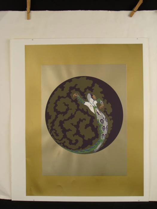 ERTE Embossed Gold Foil Snake Figure Print La Jalousie: The figure in this Erte print has an air of mystery, and danger. She has the guise of a snake, with snakeskin gown, snake head gloves, and snake head hood. Artist: Erte Title: La Jalousie Suite title: