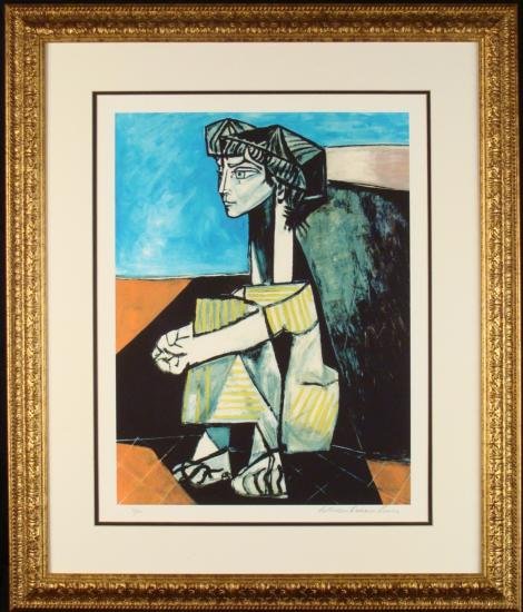 Jacqueline w/Crossed Hands Pablo Picasso Ltd Ed Print: Picasso painted many portraits of his second wife Jacqueline, and this portrays her in a Cubist style, seated, with arms crossed. Artist: Pablo Picasso Title: "Portrait of Jacqueline Roque" Medium: Gi