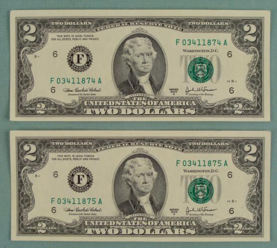 2) 2003 A Consec # $2 Two Dollar Bills F Mint GA CU: 2) 2003-A $2 Notes with consecutive serial numbersMint mark: F (Atlanta) Condition: Crisp Uncirculated* Serial number may be different from that pictured