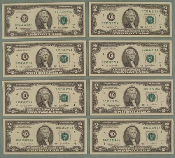 8 Sequential # 2003 A $2 Bills D Mint Cleveland CU: (8) 2003-A $2 Notes, all with Sequential serial numbers Mint mark: D (Cleveland) Condition: Crisp Uncirculated