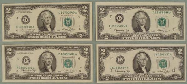 4 Diff 76 Mint Marks $2 Notes Dollar Bills D F G L CU: 4 $2 Notes, all with different mint marksMint marks: D (Ohio), F (Atlanta), G (Chicago), L (California) Details: 2 are Crisp Uncirculated, and 1 is off-center