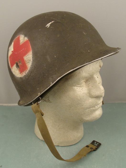 US MILITARY HELMET & LINER FOR MEDIC PAINTED RED CROSS: NICE ORIGINAL US MILITARY MEDICS HELMET AND LINER. 3 PAINTED MEDIC'S INSIGNIA ON HELMET. LINER MAKER MARKED.