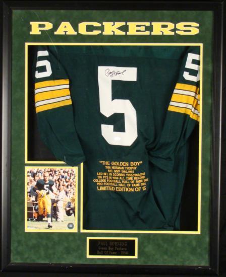 Paul Hornung Signed Green Bay Packers LE Jersey RARE: Paul Hornung signed this #5 Green Bay Packers RARE Limited Edition jersey in black Sharpie. The jersey, called "The Golden Boy," features embroidered stats from Hornung's career. It is number 4 of onl