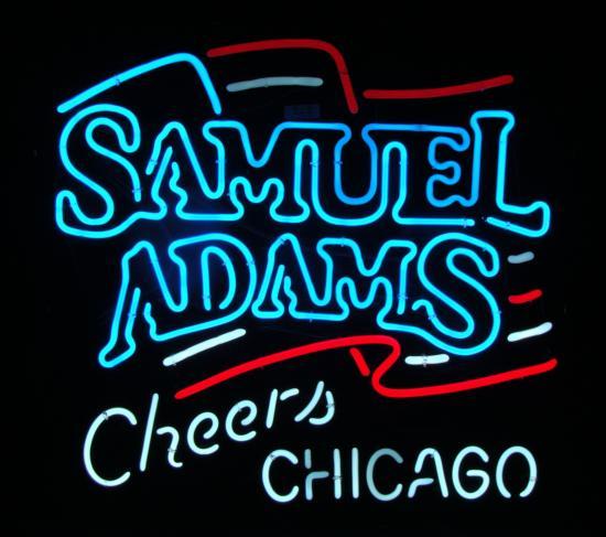 Samuel Adams Beer Cheers Chicago Neon City Bar Sign: This sign was created especially for Samuel Adams drinkers in Chicago. The neon glows in light blue, red, and white. It is in excellent and working condition. The entire sign, including the metal fram