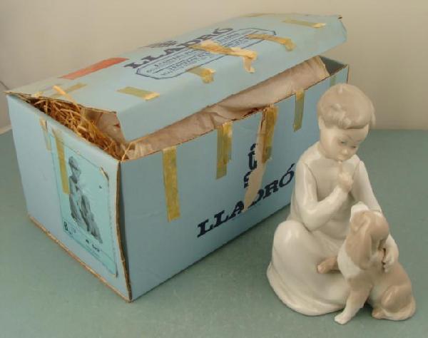 Lladro Sculpture Boy With Dog Nino Silencio 4522 MIB: This Lladro sculpture portrays a little boy comforting his dog. Name: Boy With Dog Spanish Name: Nino Silencio Item Number: 4522 Finish: Glazed Sculptor: Vincente Martinez Issued: 1970 Retired: 1997 C