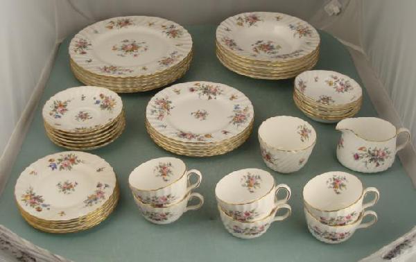 Minton Marlow 43 Pc Dinner Set Plates Teacups: This 43 piece dinner set from Minton's is in the Marlow pattern, which features colorful floral transfer, on rippled fluted surfaces with gold rims. These are in excellent condition, with no visible c