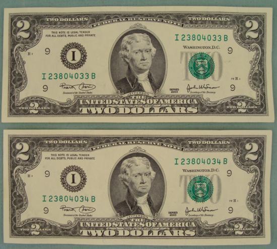 2 Consec # CU 2003 $2 Bills Notes I Mint Minneapolis: (2) 2003 $2 bills Serial numbers: Consecutive Mint mark: I (Minneapolis) Grade: Crisp Uncirculated *Note: Bills will have different serial numbers than those pictured