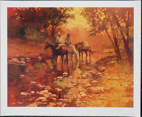 LE Ray Burdzinski Trail Riders Cowboy Horses Art Print: Here is a wonderfully warm and welcoming view of two trail riders, stopping for a pleasant moment and a cool drink for the horses: Title of the print is unknown to us Hand signed by artist Ray Burdzin