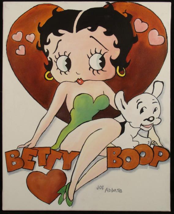 Betty Boop Original Pop Art Painting by Joe Abbate: Betty Boop is sure an icon, and now she's a Pop Art icon in this great original painting by Joe Abbate. Here she is in a light green dress wiith her dog Pudgie on a heart-themed background.
